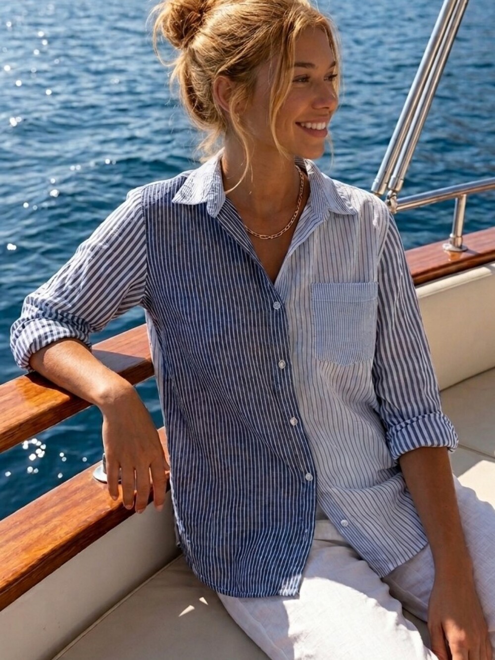 Japna Nautical Mixed Striped Cotton Button-Down Shirt Medium
